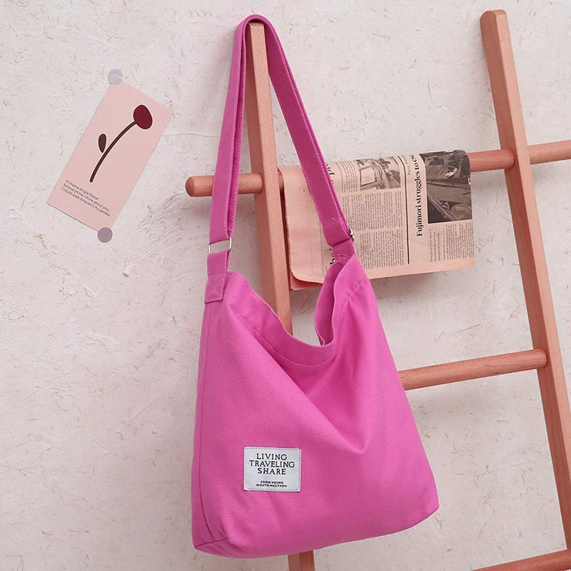 Covelin Women's Retro Large Size Canvas Shoulder Bag Hobo Crossbody Handbag Casual Tote Cerise Pink - Image 2